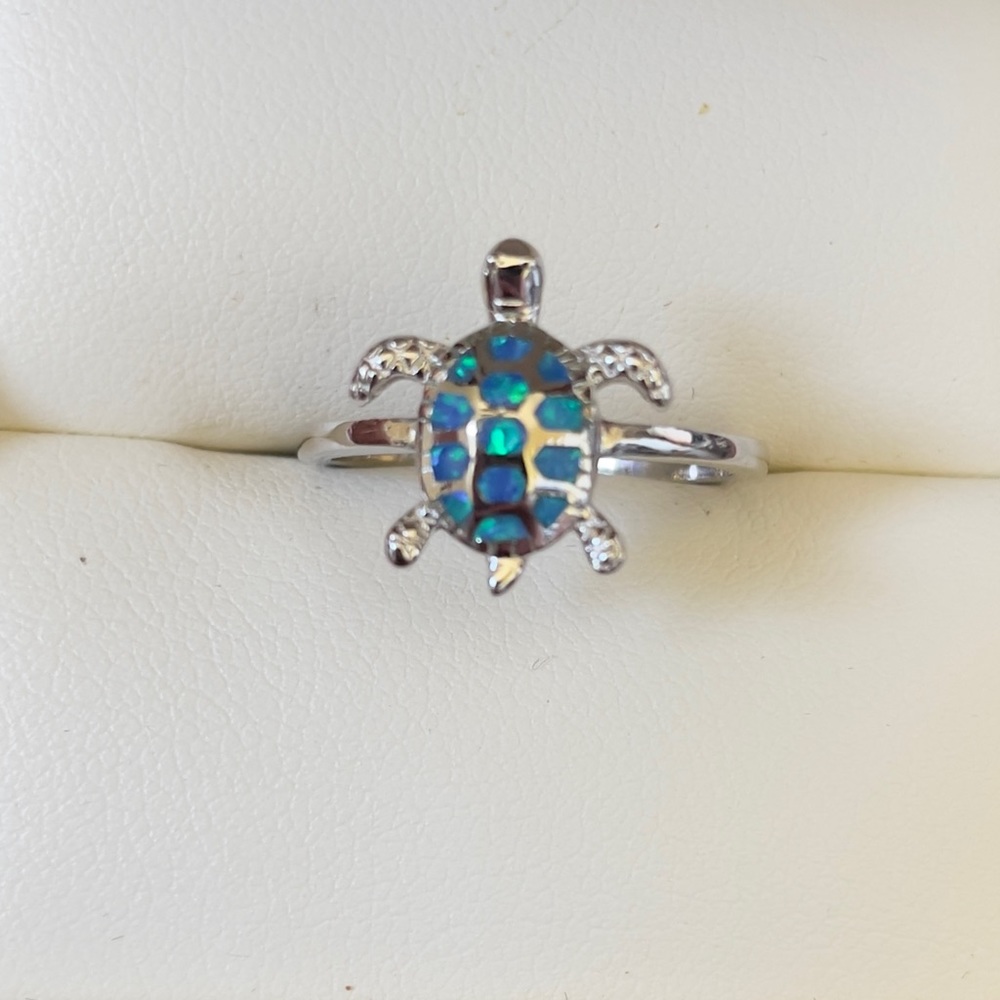 925 Sterling silver blue opal turtle charm ring size 7